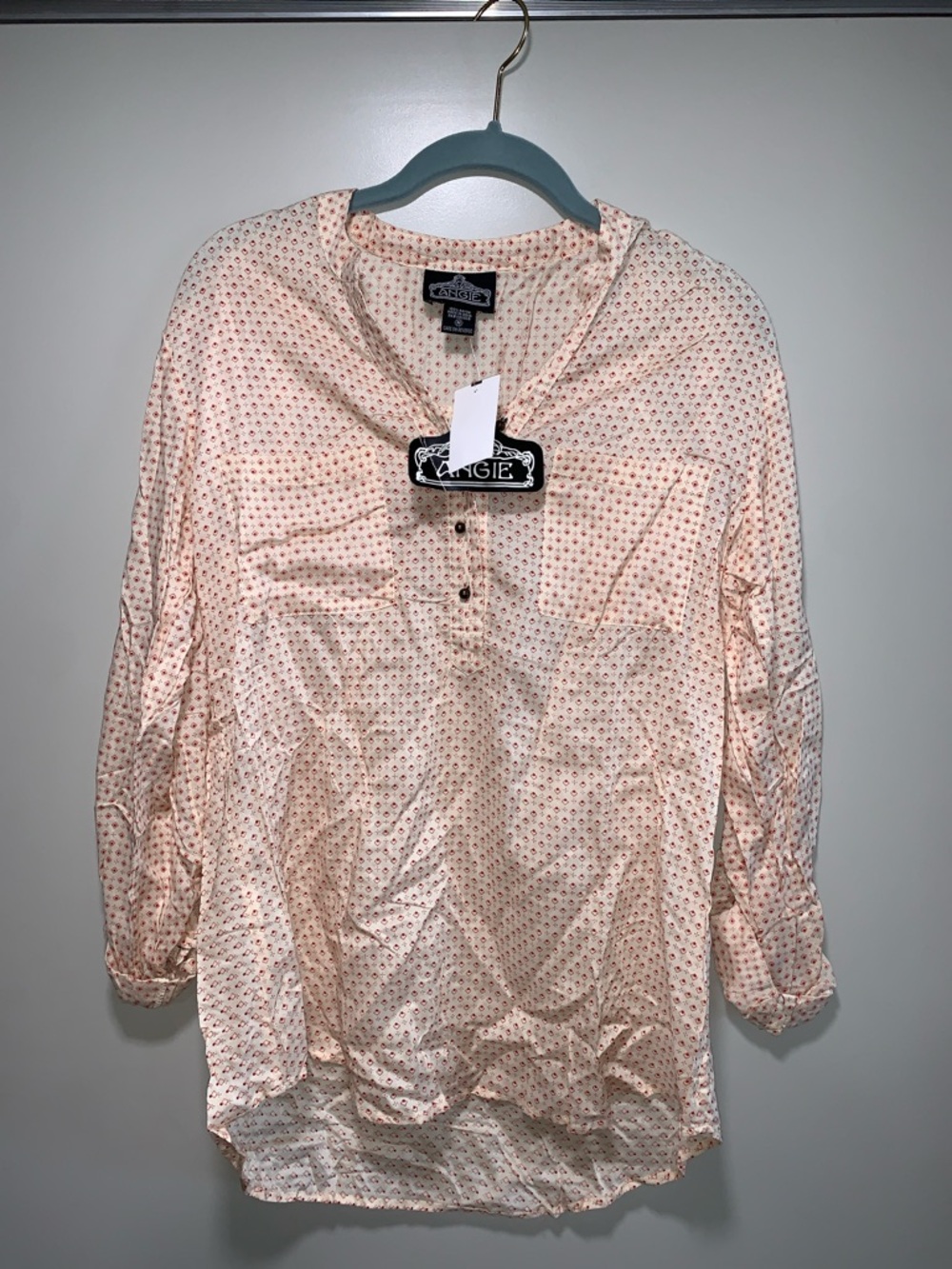 NWT Vintage Angie Quarter Sleeve Peach Dot-Print Henley Tunic Top Size M SKU151